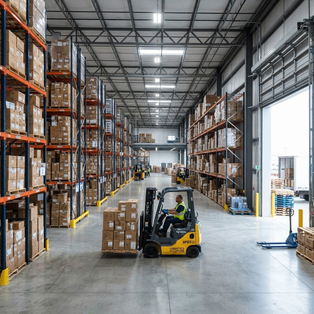 Interior de um galpão logístico moderno com prateleiras e empilhadeira